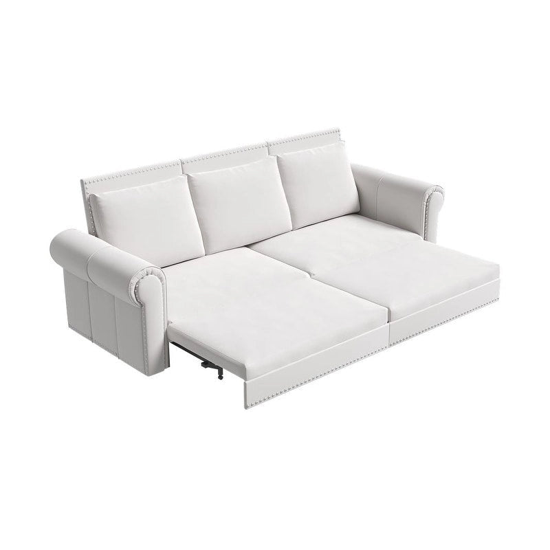 Divano letto Chesterfield estraibile a 3 posti King size, divano letto convertibile in velluto/ecopelle con finiture borchiate e braccioli arrotolati