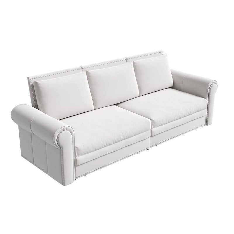 Divano letto Chesterfield estraibile a 3 posti King size, divano letto convertibile in velluto/ecopelle con finiture borchiate e braccioli arrotolati
