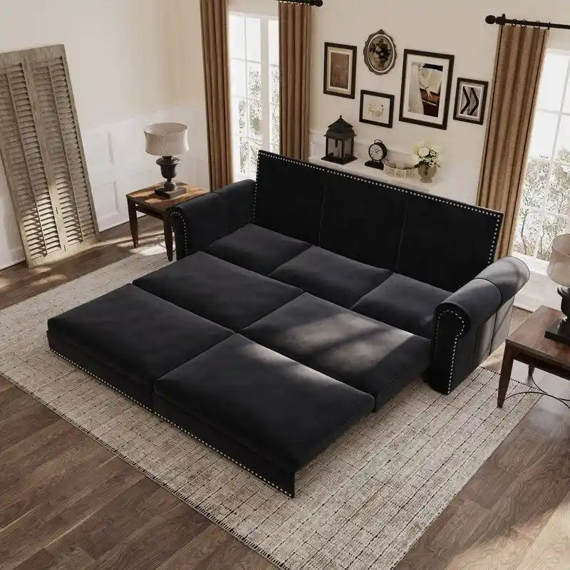 Divano letto Chesterfield estraibile a 3 posti King size, divano letto convertibile in velluto/ecopelle con finiture borchiate e braccioli arrotolati