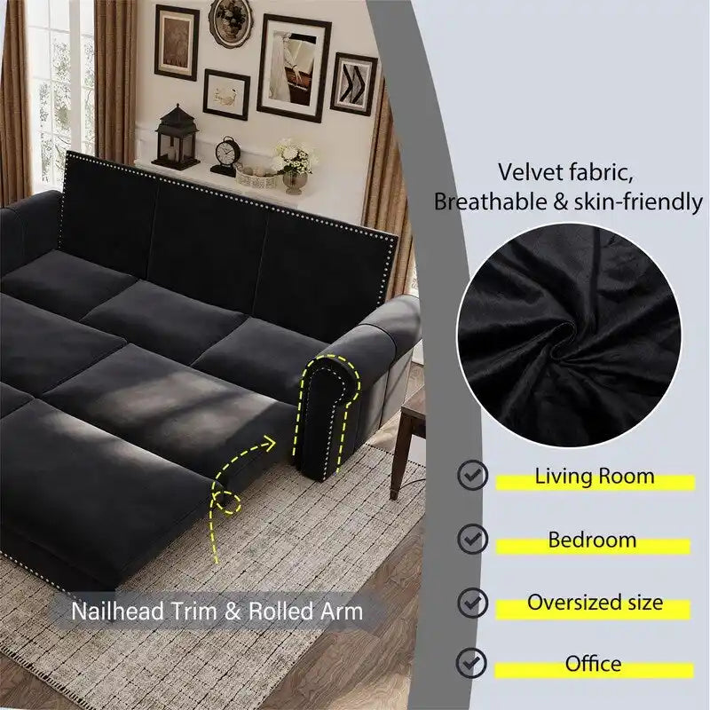 Divano letto Chesterfield estraibile a 3 posti King size, divano letto convertibile in velluto/ecopelle con finiture borchiate e braccioli arrotolati
