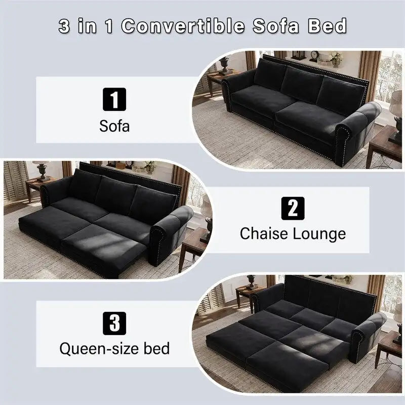 Divano letto Chesterfield estraibile a 3 posti King size, divano letto convertibile in velluto/ecopelle con finiture borchiate e braccioli arrotolati