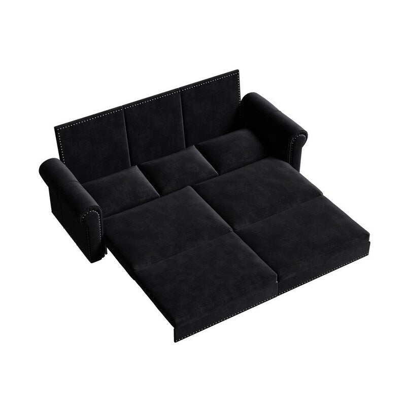Divano letto Chesterfield estraibile a 3 posti King size, divano letto convertibile in velluto/ecopelle con finiture borchiate e braccioli arrotolati