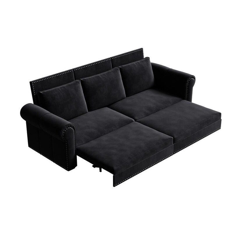 Divano letto Chesterfield estraibile a 3 posti King size, divano letto convertibile in velluto/ecopelle con finiture borchiate e braccioli arrotolati