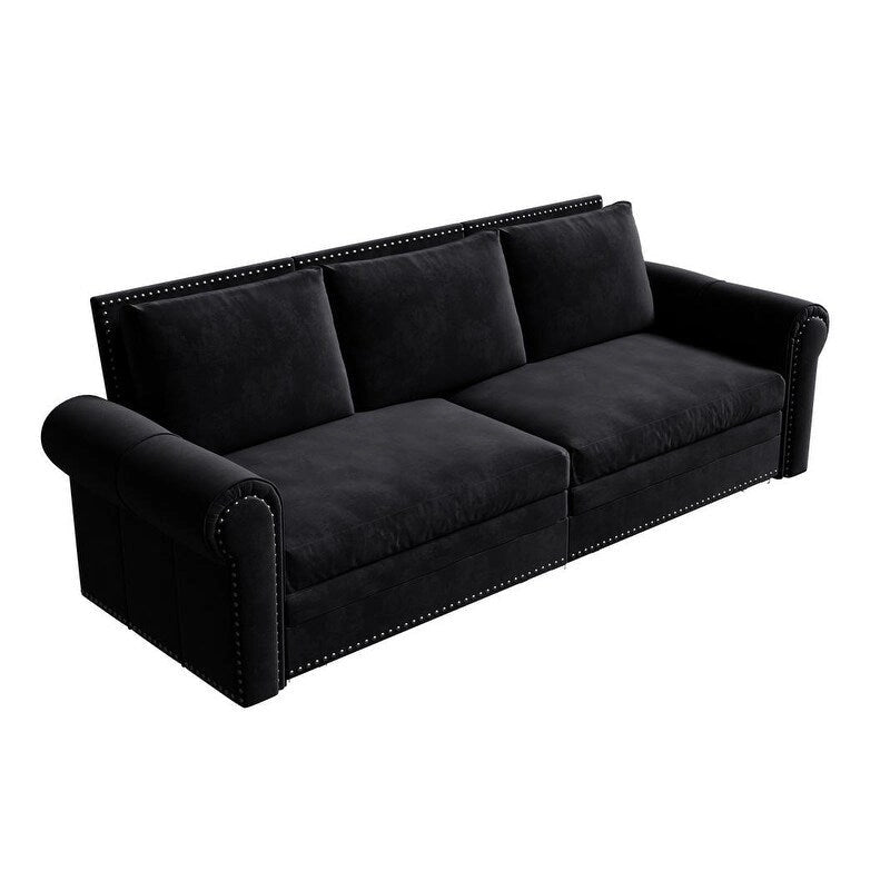 Divano letto Chesterfield estraibile a 3 posti King size, divano letto convertibile in velluto/ecopelle con finiture borchiate e braccioli arrotolati