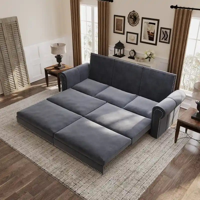 Divano letto Chesterfield estraibile a 3 posti King size, divano letto convertibile in velluto/ecopelle con finiture borchiate e braccioli arrotolati