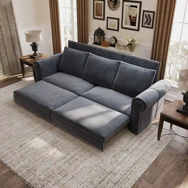 Divano letto Chesterfield estraibile a 3 posti King size, divano letto convertibile in velluto/ecopelle con finiture borchiate e braccioli arrotolati