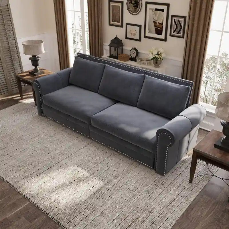 Divano letto Chesterfield estraibile a 3 posti King size, divano letto convertibile in velluto/ecopelle con finiture borchiate e braccioli arrotolati