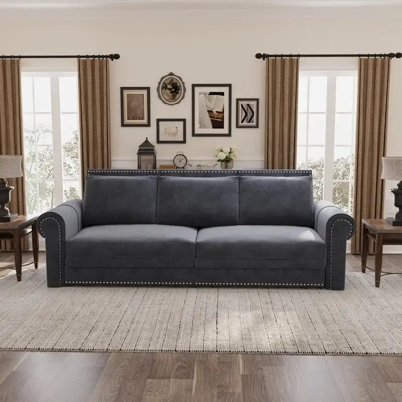 Divano letto Chesterfield estraibile a 3 posti King size, divano letto convertibile in velluto/ecopelle con finiture borchiate e braccioli arrotolati