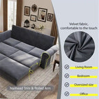 Divano letto Chesterfield estraibile a 3 posti King size, divano letto convertibile in velluto/ecopelle con finiture borchiate e braccioli arrotolati