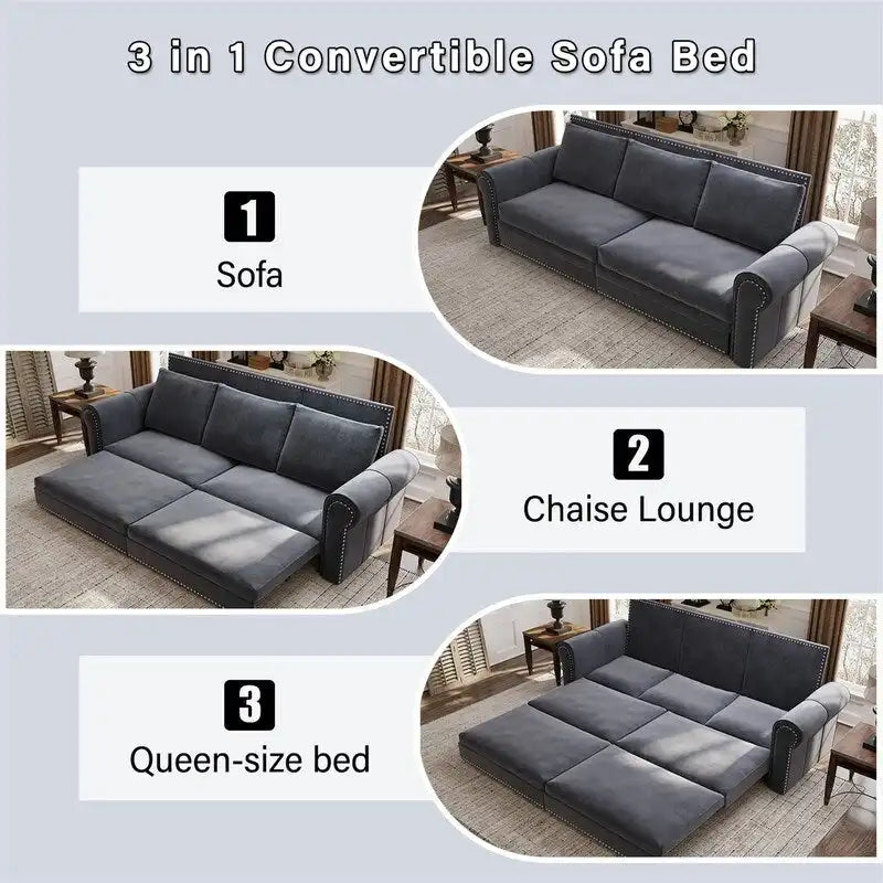 Divano letto Chesterfield estraibile a 3 posti King size, divano letto convertibile in velluto/ecopelle con finiture borchiate e braccioli arrotolati