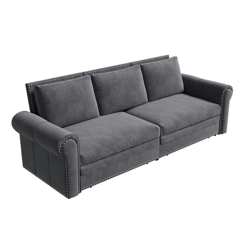 Divano letto Chesterfield estraibile a 3 posti King size, divano letto convertibile in velluto/ecopelle con finiture borchiate e braccioli arrotolati