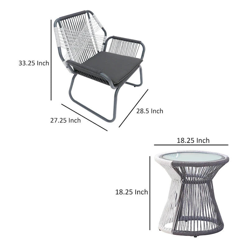 Set da Esterno Ciao 3 Pezzi, 2 Sedie, 1 Tavolo, Corda Intrecciata Grigia e Acciaio
