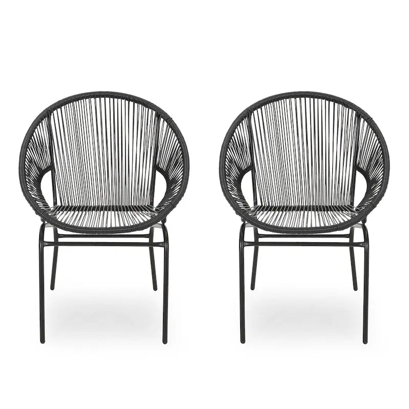 Sanu Outdoor Accent Chair Set of 2, PE Rattan, Black Iron, Round Backrests