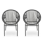 Sanu Outdoor Accent Chair Set of 2, PE Rattan, Black Iron, Round Backrests