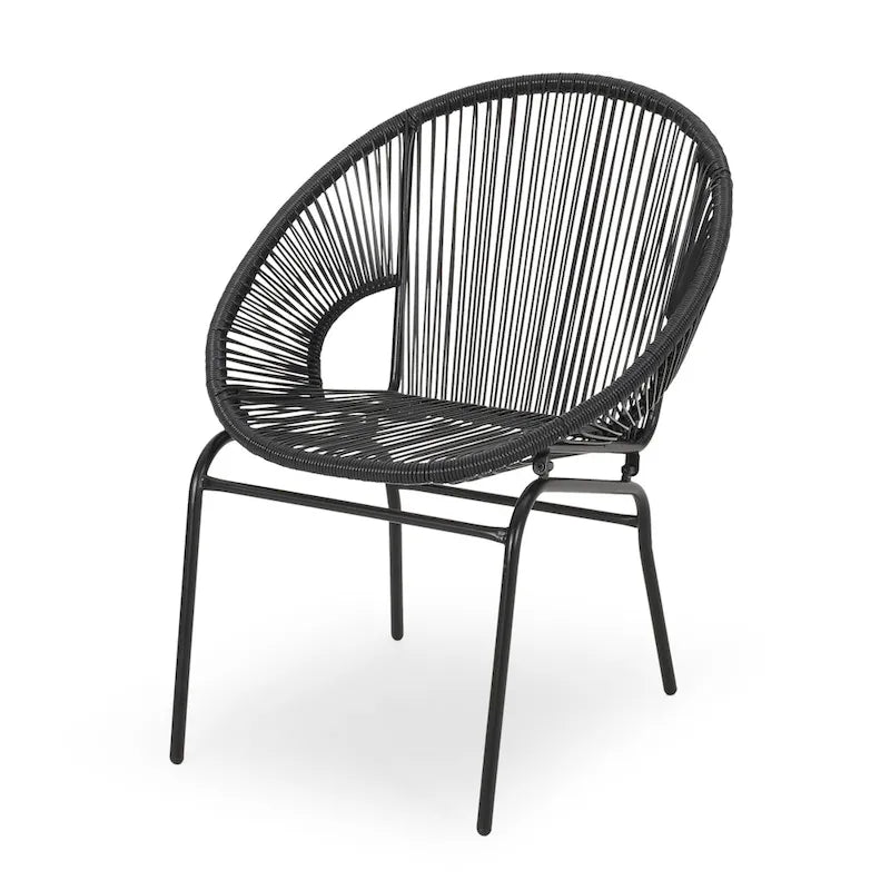 Sanu set di 2 sedie da esterno, rattan PE, ferro nero, schienali rotondi