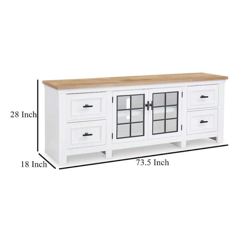 Mobile TV Bryn, 4 cassetti, 2 ante, legno massello bianco, 188 cm