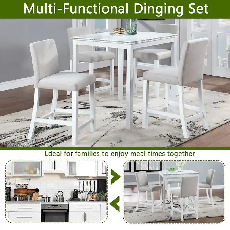 Set da Pranzo 5 Pezzi, Tavolo Alto con 4 Sedie Imbottite, Mobili per Sala da Pranzo in Legno