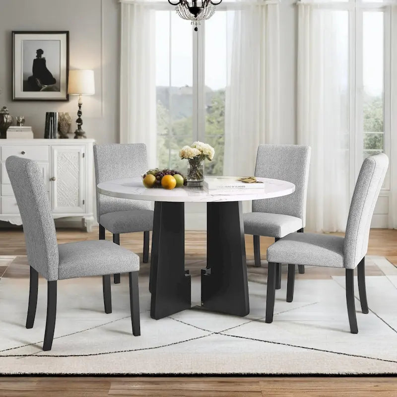Ensemble table et 4 chaises de cuisine, ensemble table à manger ronde 4 personnes, 4 chaises rembourrées avec pieds en bois d'hévéa