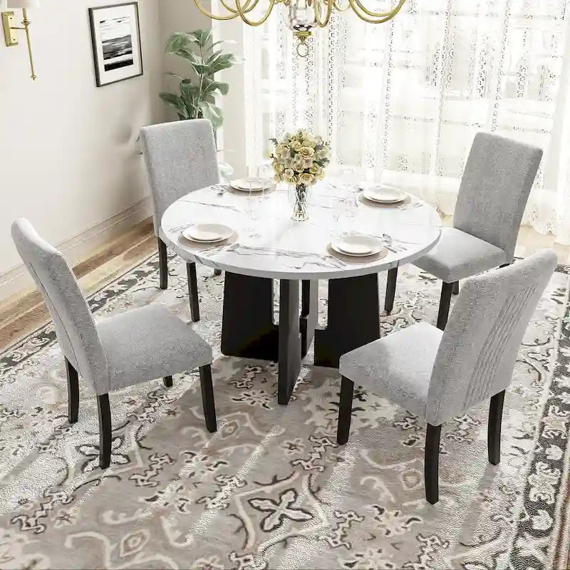 Set da Tavolo e Sedie da Cucina da 5 Pezzi, Set da Pranzo Rotondo per 4 Persone, 4 Sedie Imbottite con Gambe in Legno di Gomma