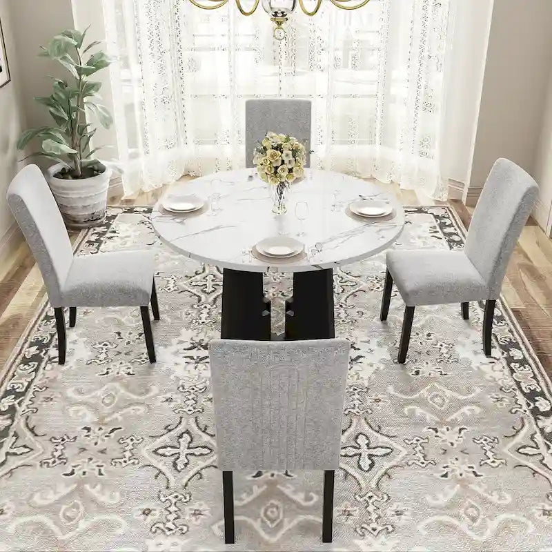 Set da Tavolo e Sedie da Cucina da 5 Pezzi, Set da Pranzo Rotondo per 4 Persone, 4 Sedie Imbottite con Gambe in Legno di Gomma