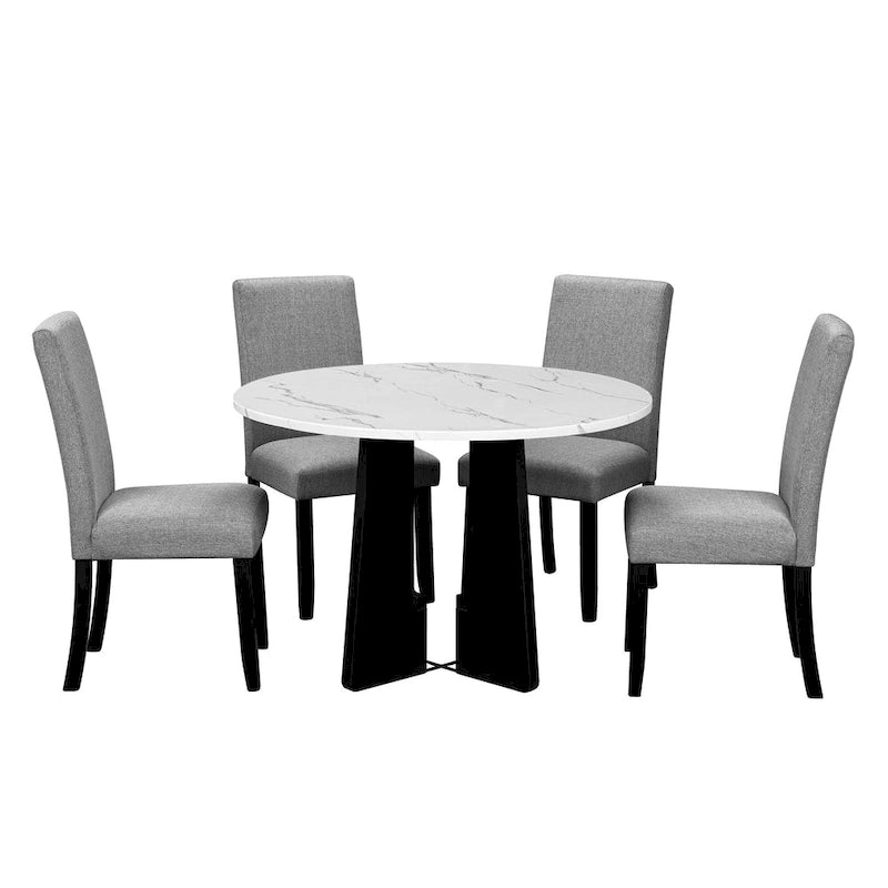 Set da Tavolo e Sedie da Cucina da 5 Pezzi, Set da Pranzo Rotondo per 4 Persone, 4 Sedie Imbottite con Gambe in Legno di Gomma