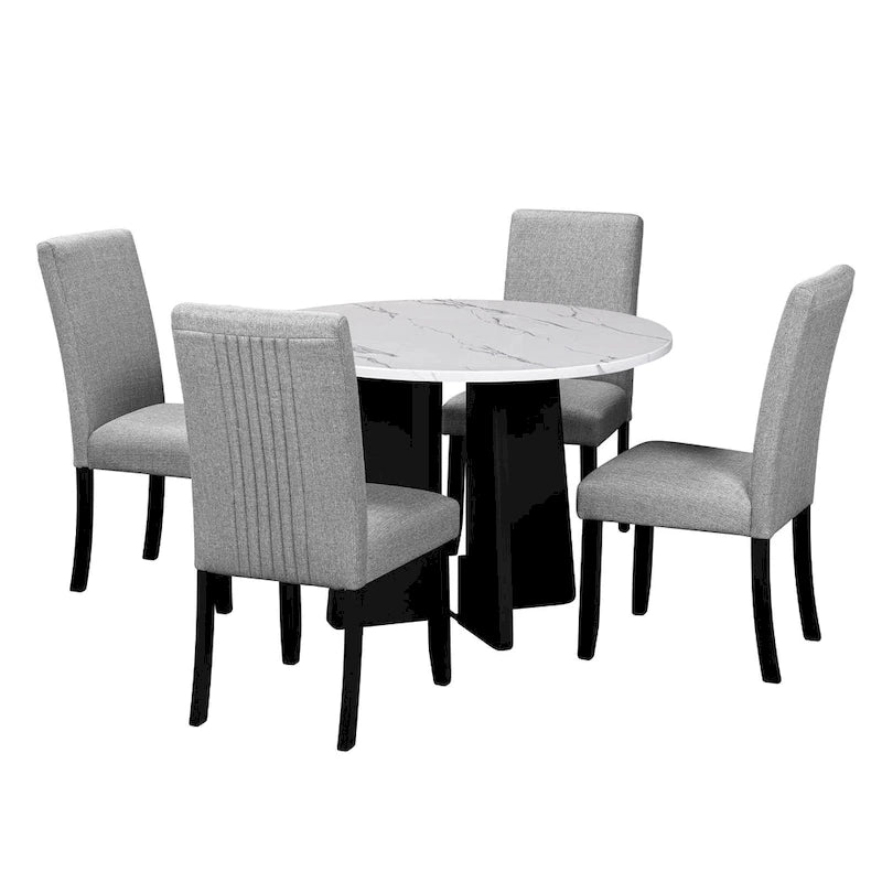 Set da Tavolo e Sedie da Cucina da 5 Pezzi, Set da Pranzo Rotondo per 4 Persone, 4 Sedie Imbottite con Gambe in Legno di Gomma