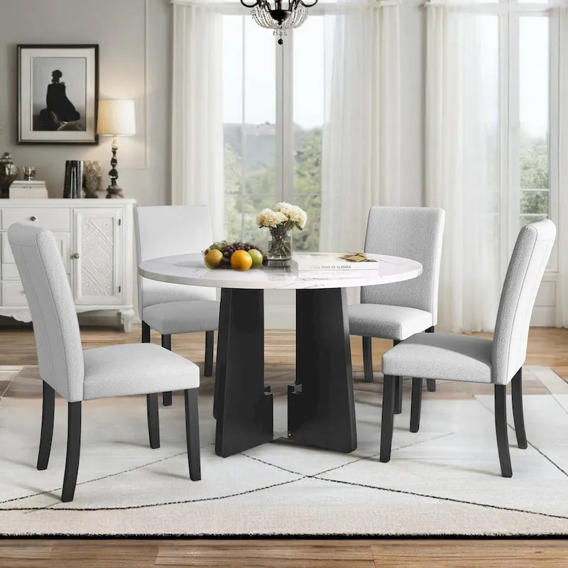 Set da Tavolo e Sedie da Cucina da 5 Pezzi, Set da Pranzo Rotondo per 4 Persone, 4 Sedie Imbottite con Gambe in Legno di Gomma