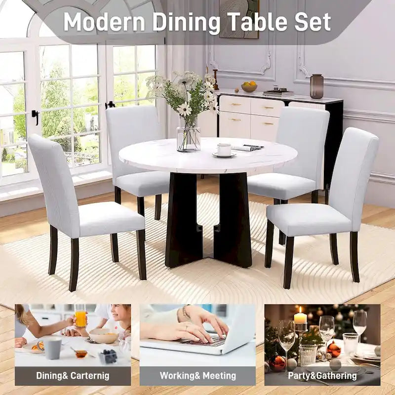 Set da Tavolo e Sedie da Cucina da 5 Pezzi, Set da Pranzo Rotondo per 4 Persone, 4 Sedie Imbottite con Gambe in Legno di Gomma