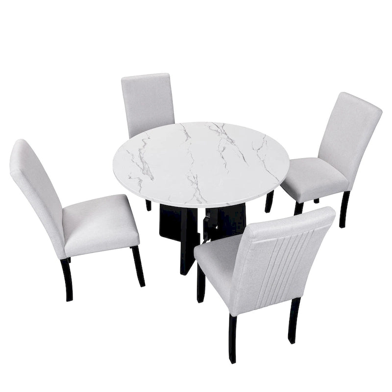 Set da Tavolo e Sedie da Cucina da 5 Pezzi, Set da Pranzo Rotondo per 4 Persone, 4 Sedie Imbottite con Gambe in Legno di Gomma