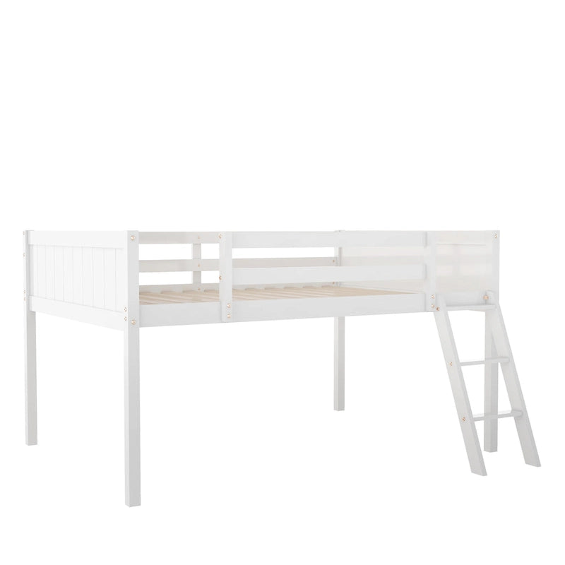 Letto a soppalco basso in legno massiccio con scaletta rimovibile, struttura letto in legno