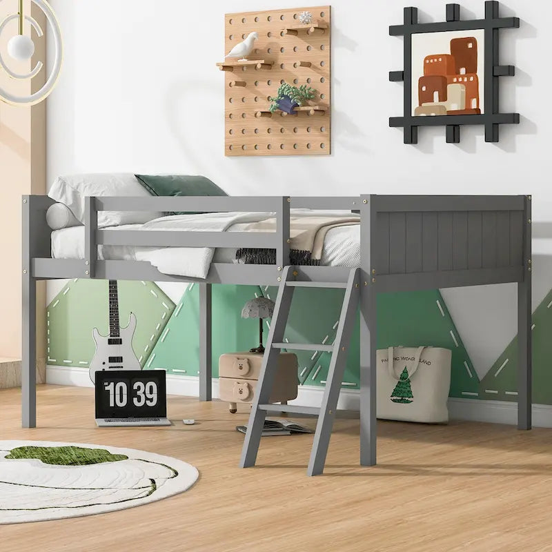Letto a soppalco basso in legno massiccio con scaletta rimovibile, struttura letto in legno