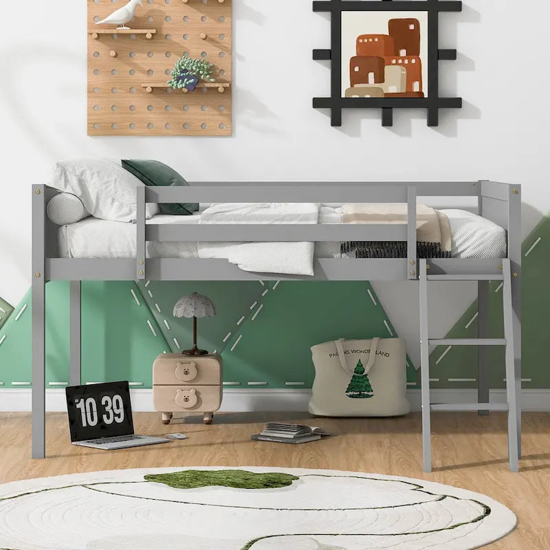 Letto a soppalco basso in legno massiccio con scaletta rimovibile, struttura letto in legno