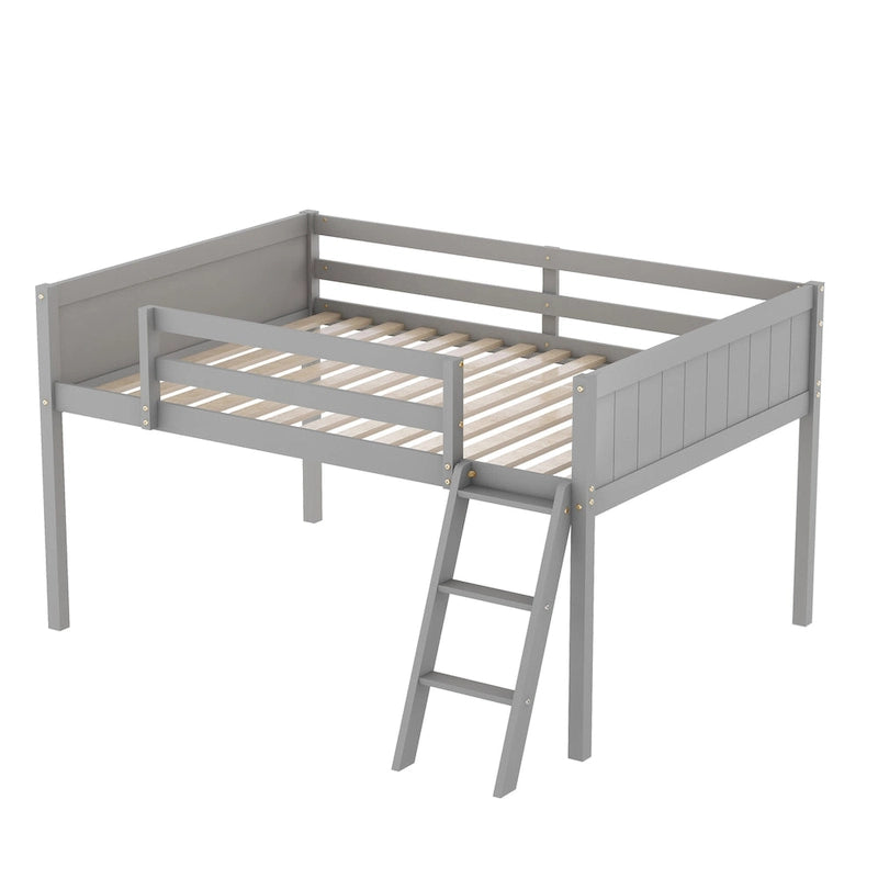 Letto a soppalco basso in legno massiccio con scaletta rimovibile, struttura letto in legno