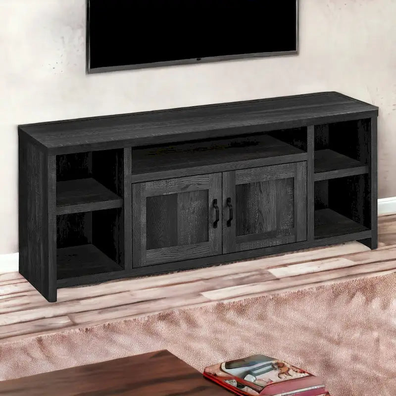Mobile TV moderno nero rigenerato per TV da 55 pollici con armadietti e ripiani - 23,75A x 59L x 15,5P