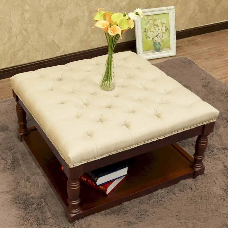 Cairona Fabric Pouf Ottomano con Ripiani e Trapuntatura da 76 cm