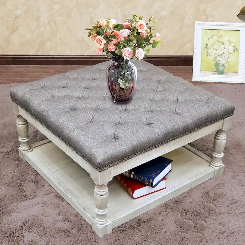 Cairona Fabric Pouf Ottomano con Ripiani e Trapuntatura da 76 cm