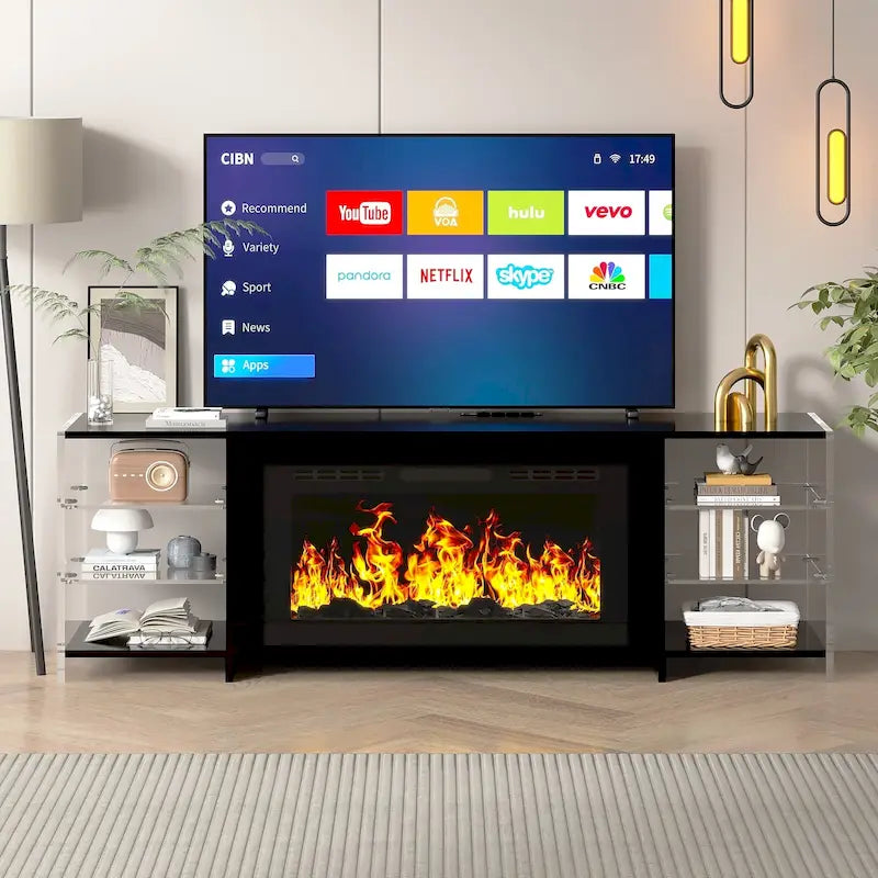 Meuble TV rustique VECELO 70 avec ou sans foyer chauffant (2 options), table de centre de divertissement média avec étagères de rangement
