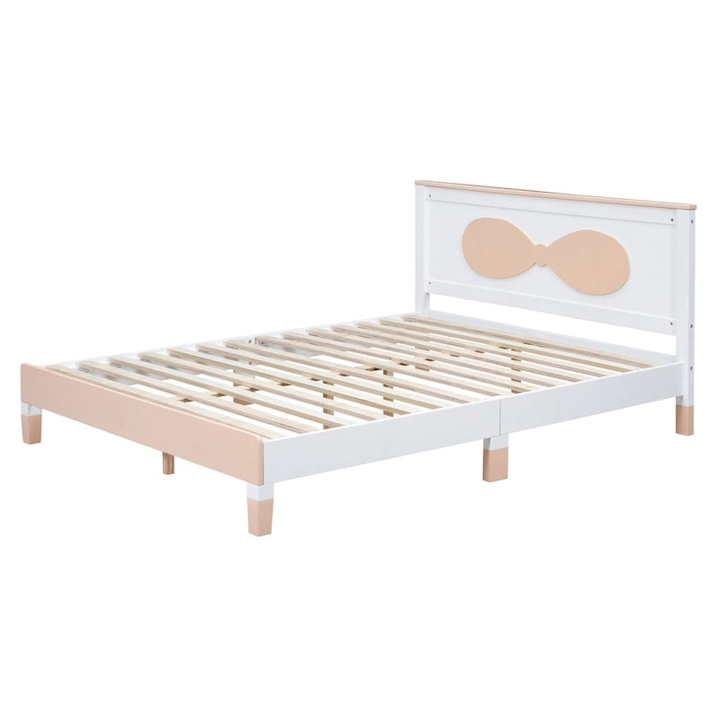 Letto a piattaforma matrimoniale in legno con testiera a forma di fiocco per cameretta dei bambini