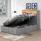 Letto matrimoniale grigio in legno con testiera a LED, stazione di ricarica, 2 cassetti