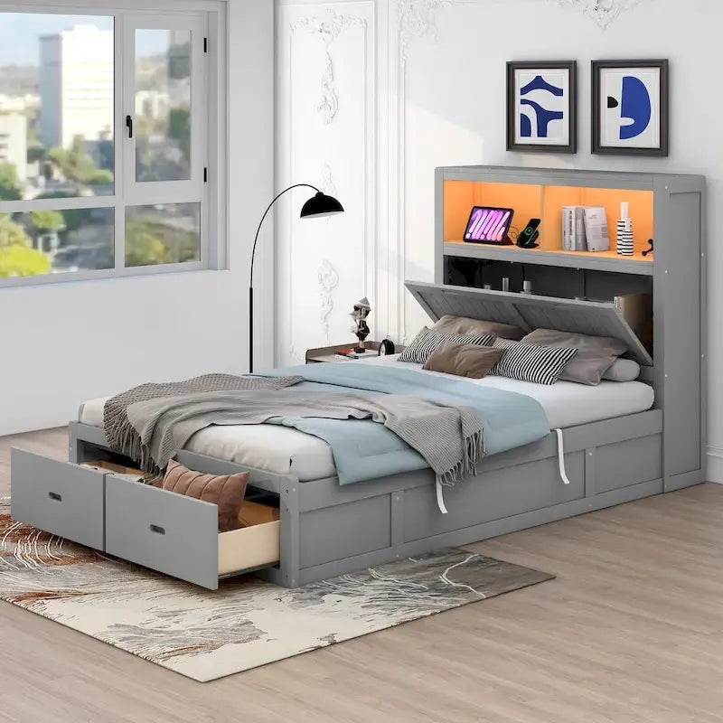 Letto matrimoniale grigio in legno con testiera a LED, stazione di ricarica, 2 cassetti