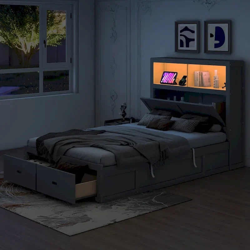 Letto matrimoniale grigio in legno con testiera a LED, stazione di ricarica, 2 cassetti