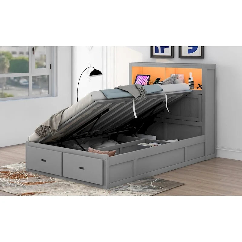 Letto matrimoniale grigio in legno con testiera a LED, stazione di ricarica, 2 cassetti
