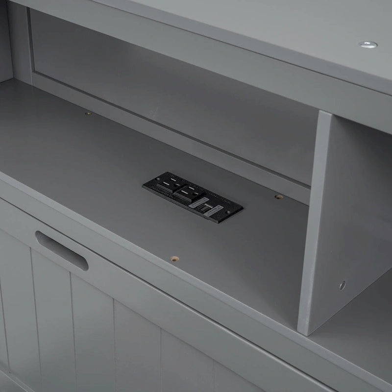 Letto matrimoniale grigio in legno con testiera a LED, stazione di ricarica, 2 cassetti