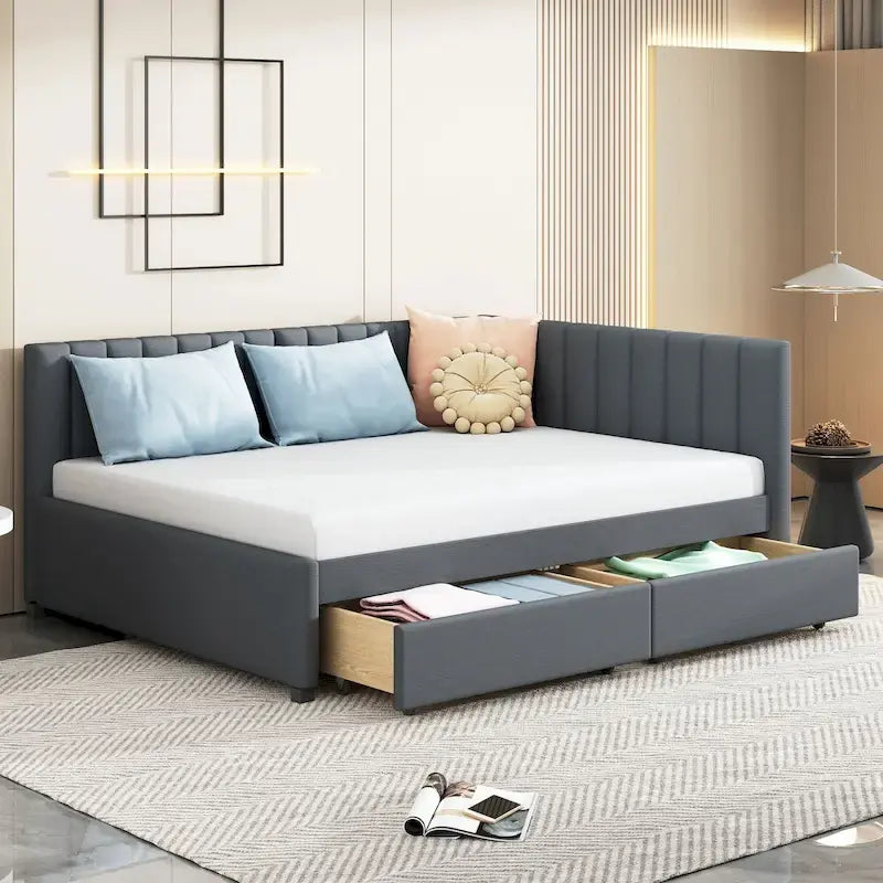 Daybed Imbottito Moderno Grigio Matrimoniale con Due Cassetti Contenitore per Camera da Letto