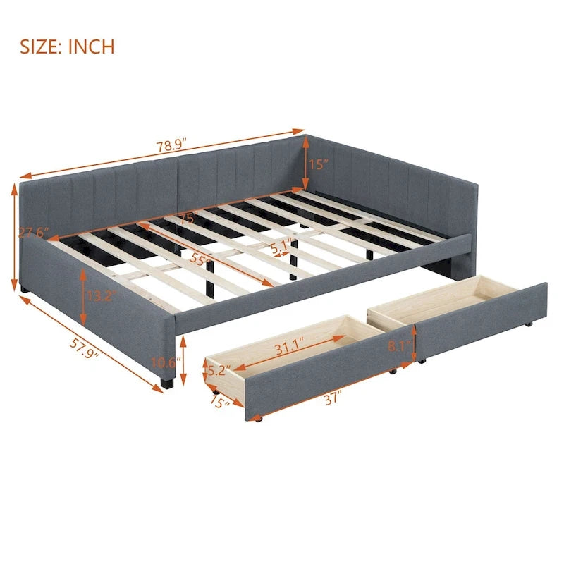 Daybed Imbottito Moderno Grigio Matrimoniale con Due Cassetti Contenitore per Camera da Letto