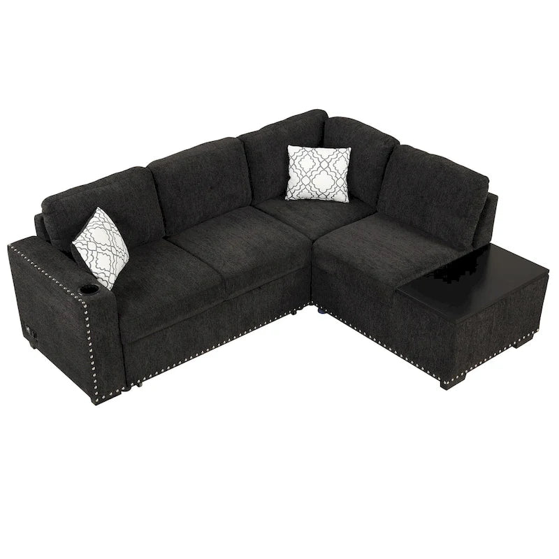 Divano sezionale a L a 4 posti da 83,8" con letto estraibile, chaise longue contenitore, porte USB, prese di corrente e portabicchieri