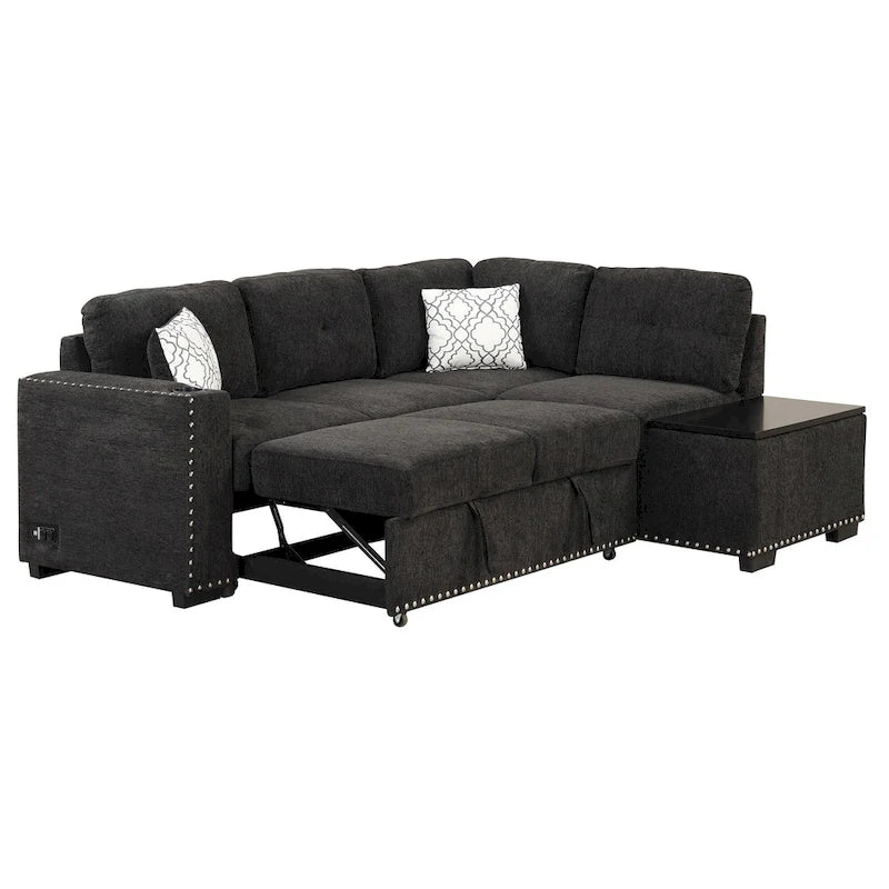 Divano sezionale a L a 4 posti da 83,8" con letto estraibile, chaise longue contenitore, porte USB, prese di corrente e portabicchieri