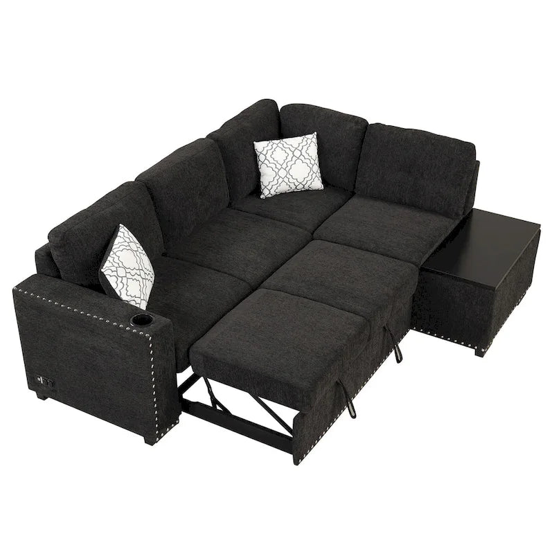Divano sezionale a L a 4 posti da 83,8" con letto estraibile, chaise longue contenitore, porte USB, prese di corrente e portabicchieri