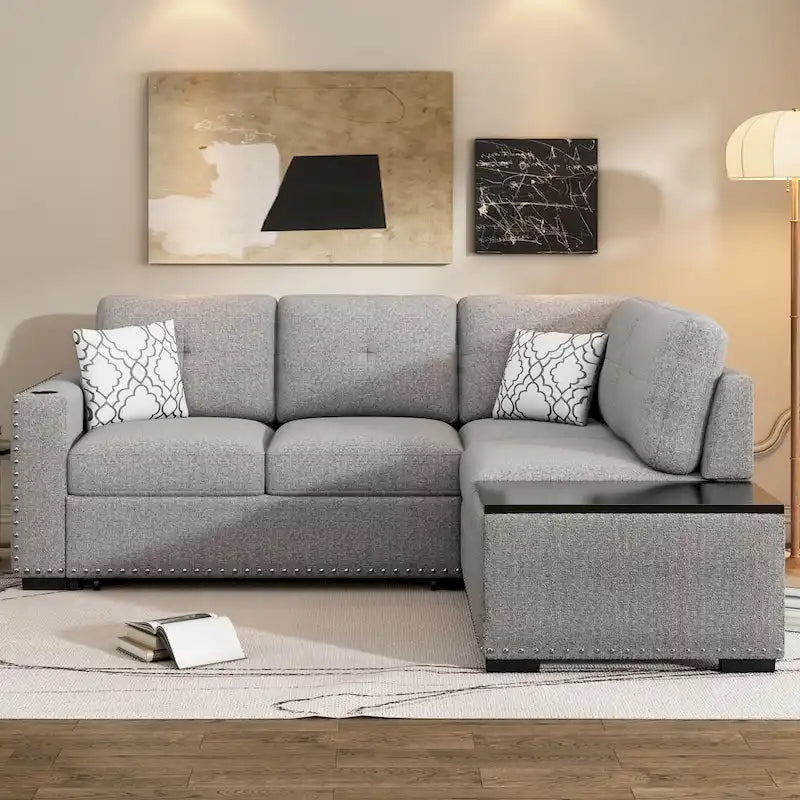 Divano sezionale a L a 4 posti da 83,8" con letto estraibile, chaise longue contenitore, porte USB, prese di corrente e portabicchieri