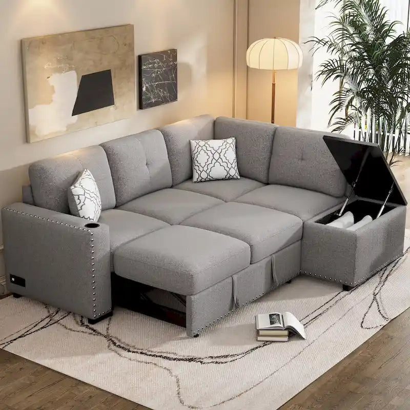 Divano sezionale a L a 4 posti da 83,8" con letto estraibile, chaise longue contenitore, porte USB, prese di corrente e portabicchieri